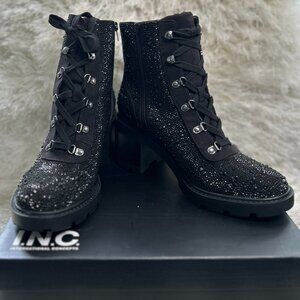 New INC Embellished Combat & Lace-Up Boots (Black Bling) Size 10.5
